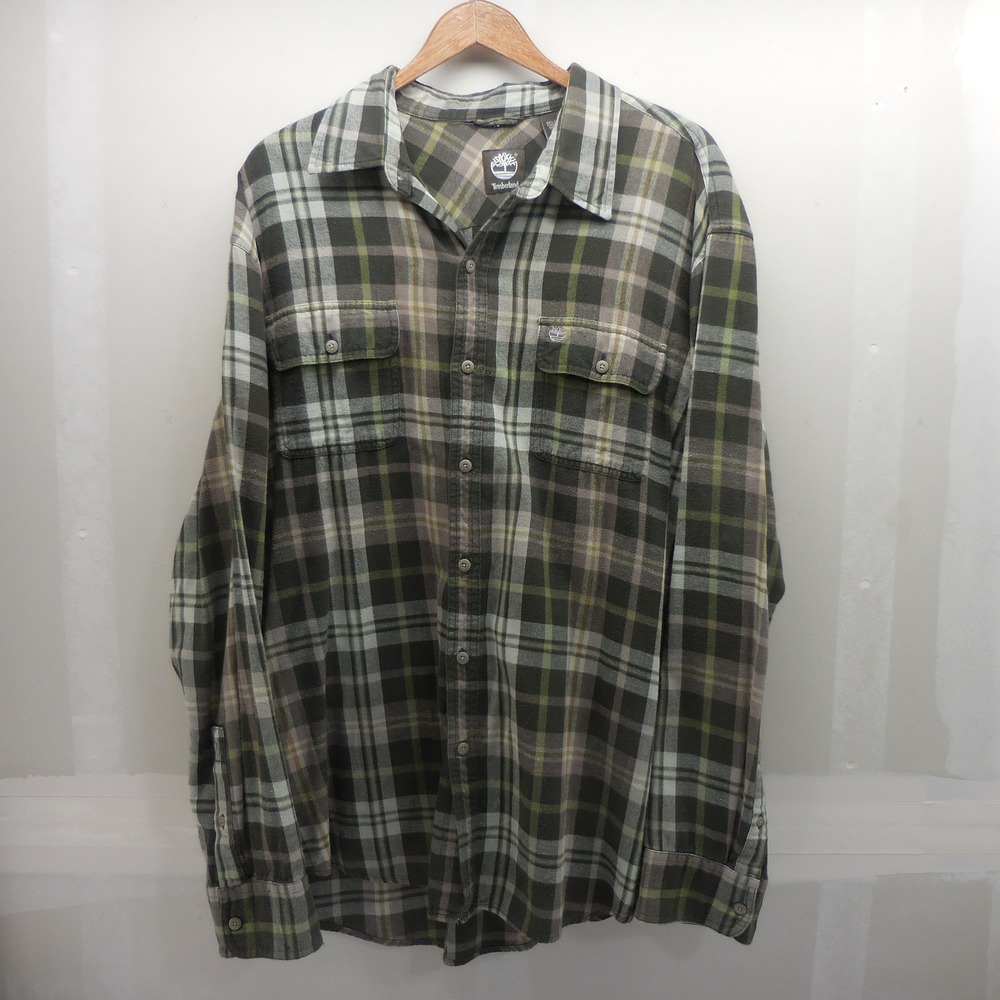 Timberland Mens XL Flannel Plaid Button Down Shirt Olive Green Long Sleeve Cot